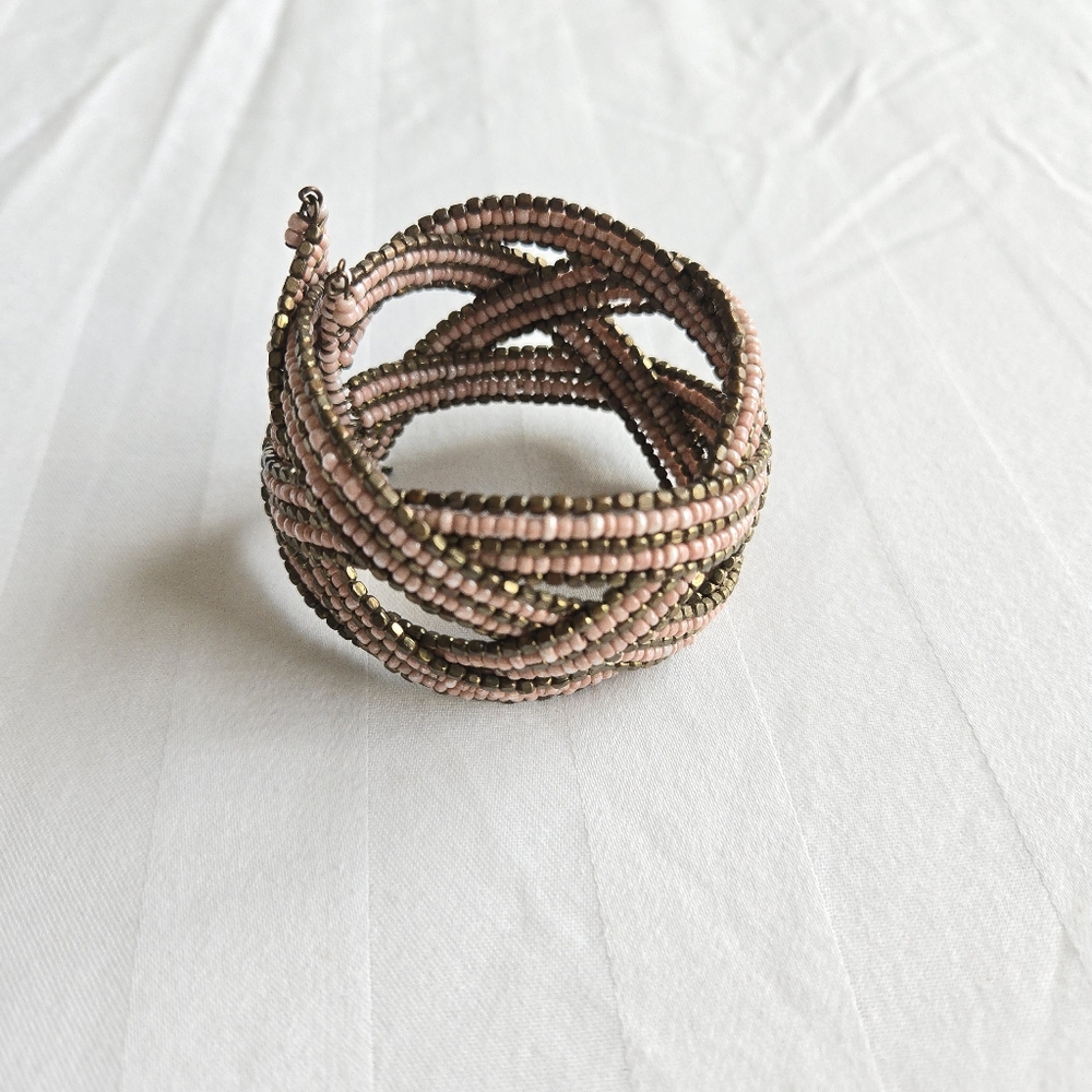 Womens Beaded boho ethnic cuff bracelet light pink bronze braided adjustable